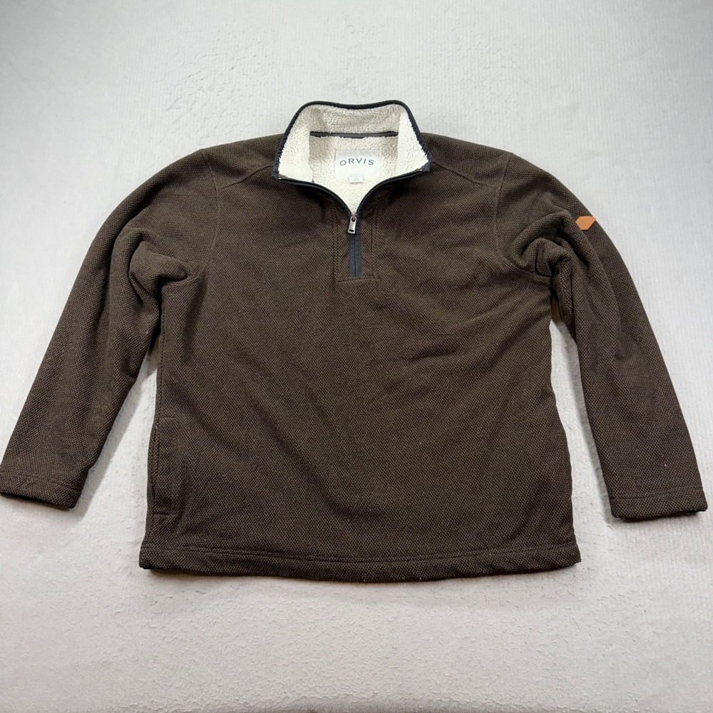 Orvis Quarter Zip Pullover Mens Large Brown Sherpa Lined Waffle Knit Fleece